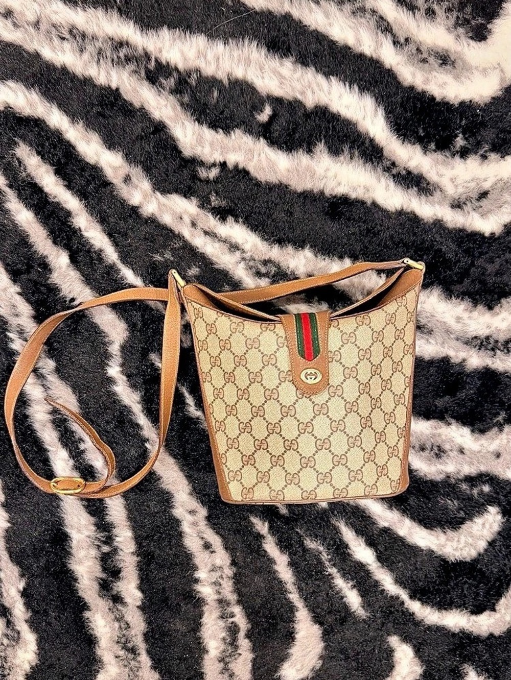 Gucci Vintage GG Supreme Web Stripe Bucket Shoulder Bag in Brown & Beige